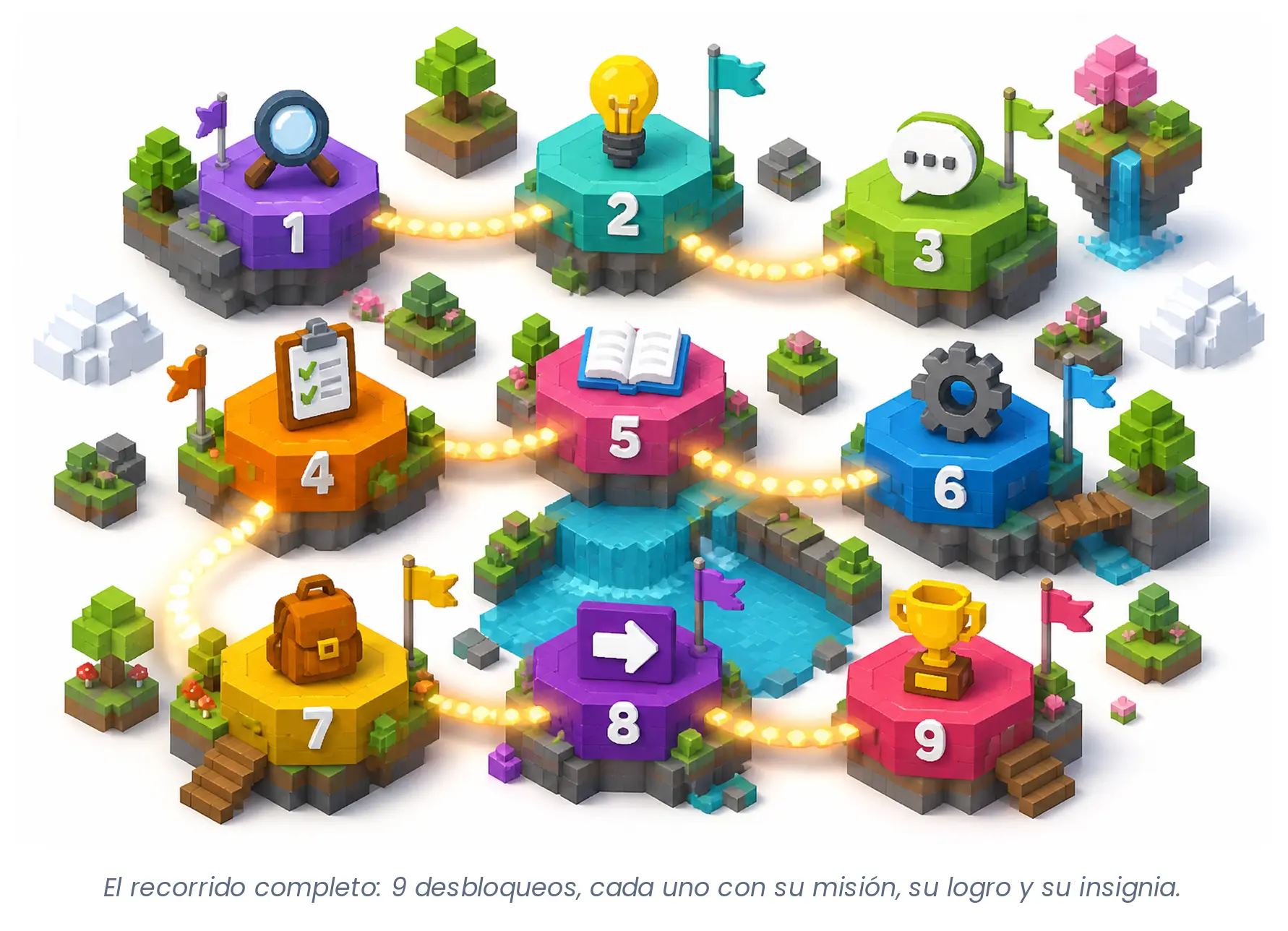 Mapa 3D de las 9 islas de los Desbloqueos conectadas por un camino